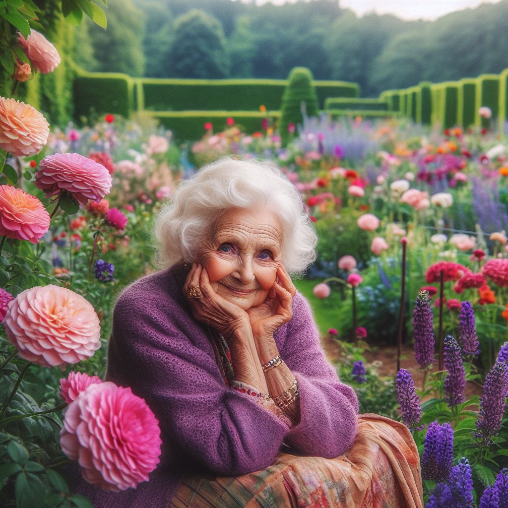 Une vieille dame dans un jardin de fleurs